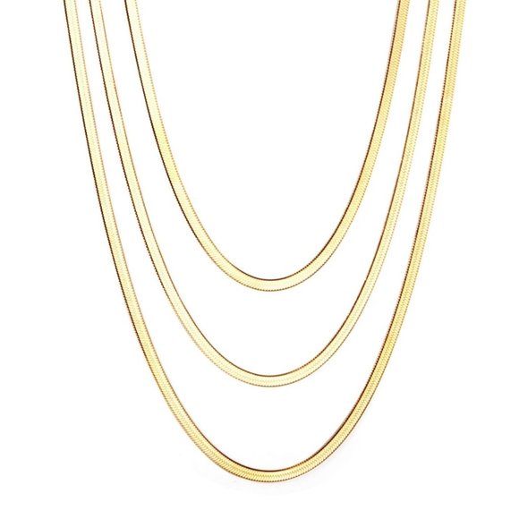 Necklace Gold Tone Flat Snake Chains Three Layer Multilayer Women Teens - Picture 3 of 4
